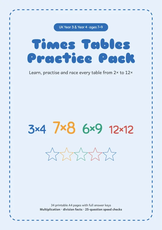 Cover of Times Tables Practice Pack (Year 3–4)