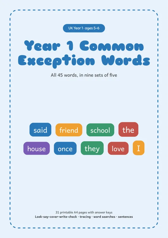 Cover of Year 1 Common Exception Words Worksheets