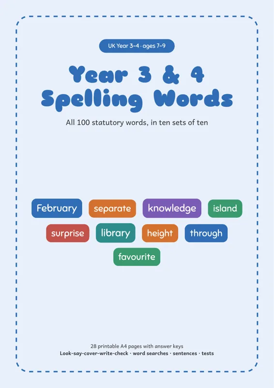 Cover of Year 3 and 4 Spelling Words Worksheets