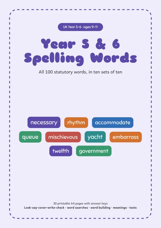 Cover of Year 5 and 6 Spelling Words Worksheets