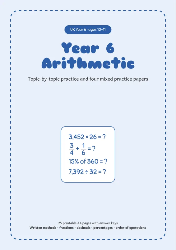 Cover of Year 6 Arithmetic Practice Worksheets (KS2, with Answers)